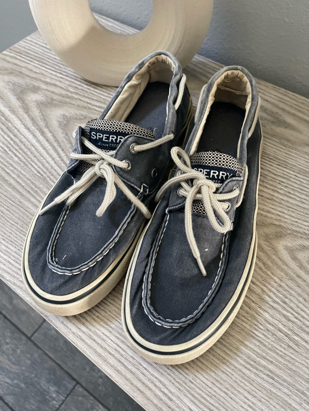 Sperry Men's Dark Navy Canvas Boat Shoes with Cream Laces